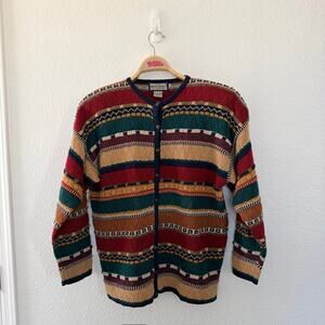 VINTAGE 1980s Ruff Hewn Cardigan‎ Multicolor Textured Sweater Women's Large